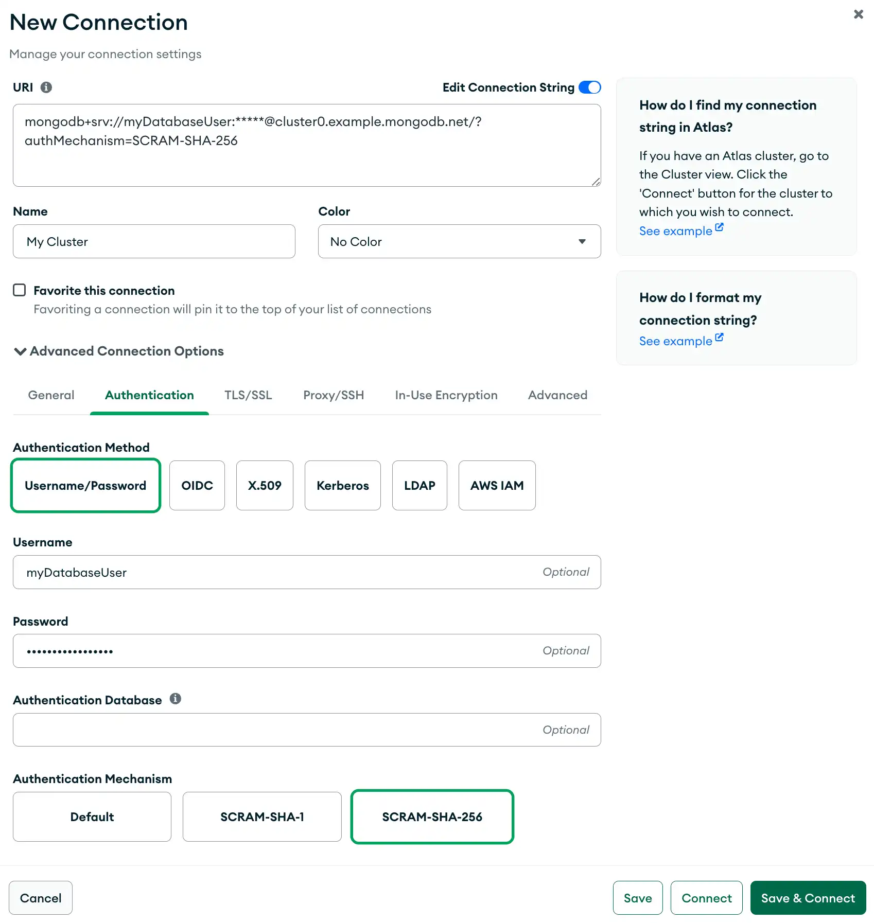 Screenshot of Compass configured to authenticate with username and password