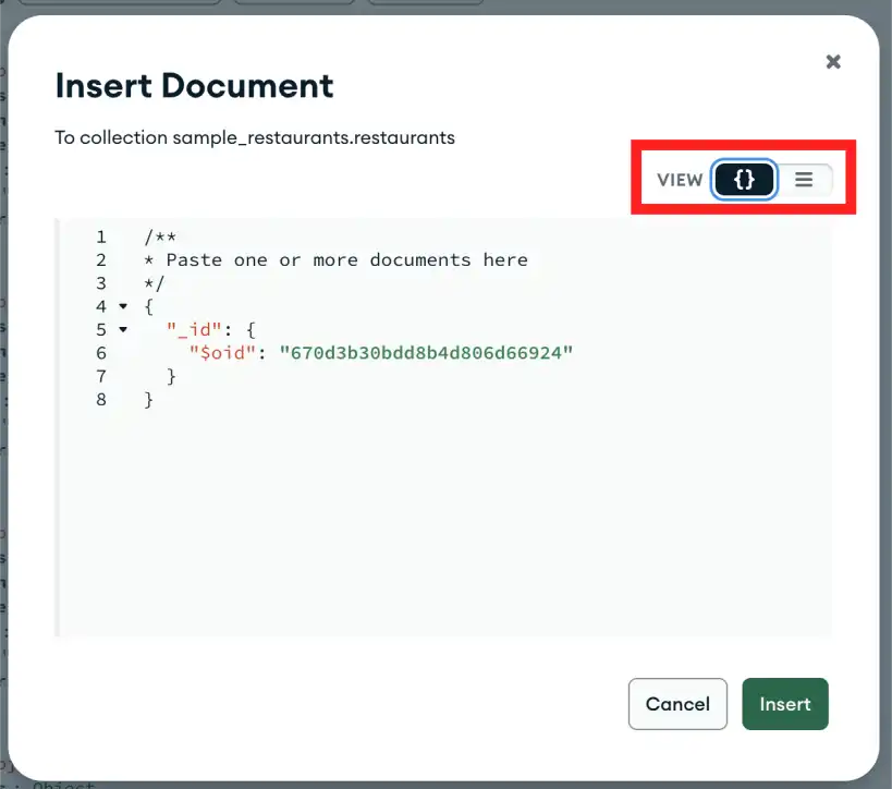 Insert document in JSON view