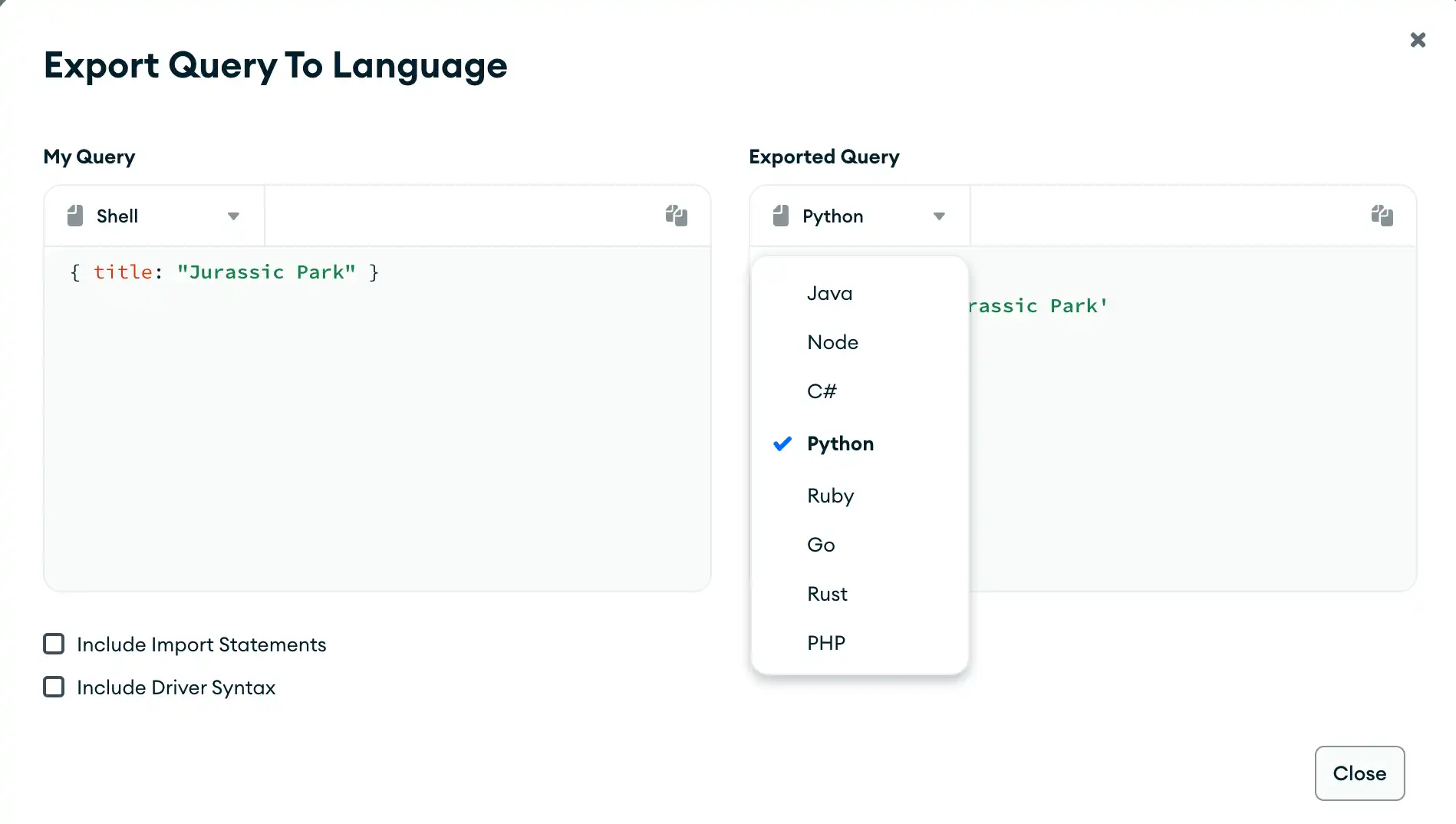 Query bar language select